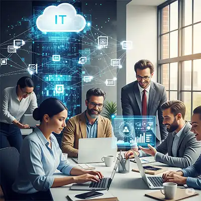 Diverse team collaborating in a modern IT office with glowing network lines, symbolizing Avosys Technology's expertise in digital solutions.